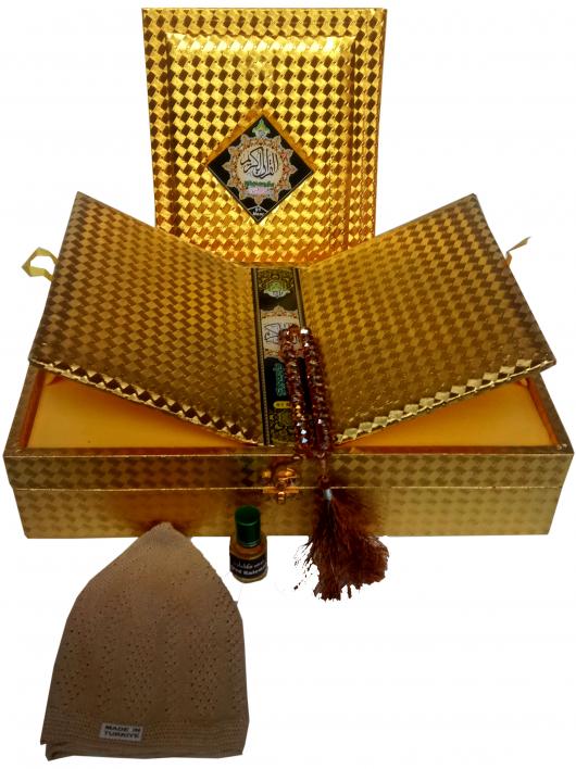 81Noor Special Edition : Al Quran Al Hakeem Gold Edge Quran With Beatiful Golden Box-Rahel (Tasbih - Prayer Cap - Ettar ) Urdu Translated Koran With Tafseer Muslim Eid Ramdan Gift