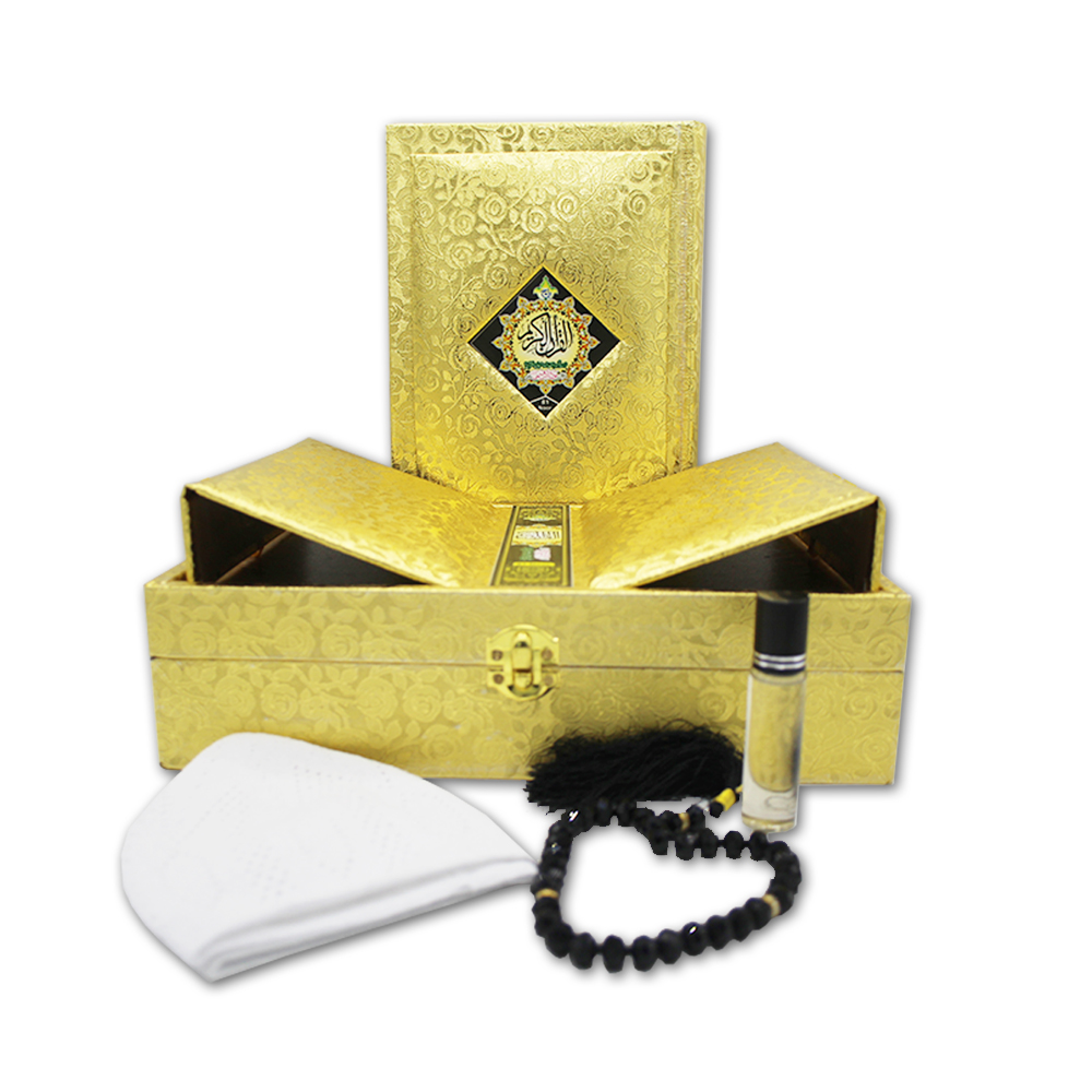 81Noor Special Edition : Al Quran Al Hakeem Gold Edge Quran With Beatiful Golden Box-Rahel (Tasbih - Prayer Cap - Ettar ) Urdu Translated Koran With Tafseer Muslim Eid Ramdan Gift