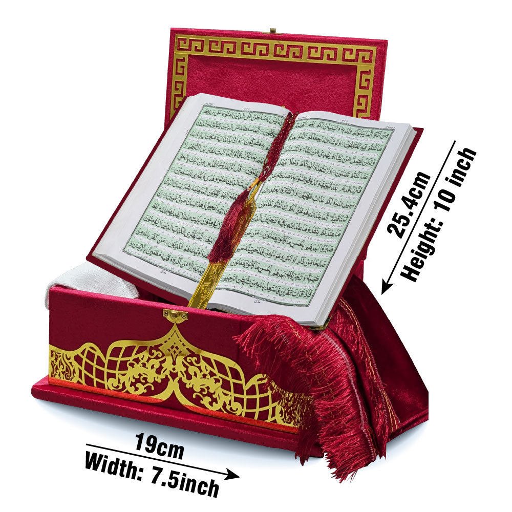 11KVJ3-Red Red Velvet Quran with Special box and attar cap bookmark tasbih and counter