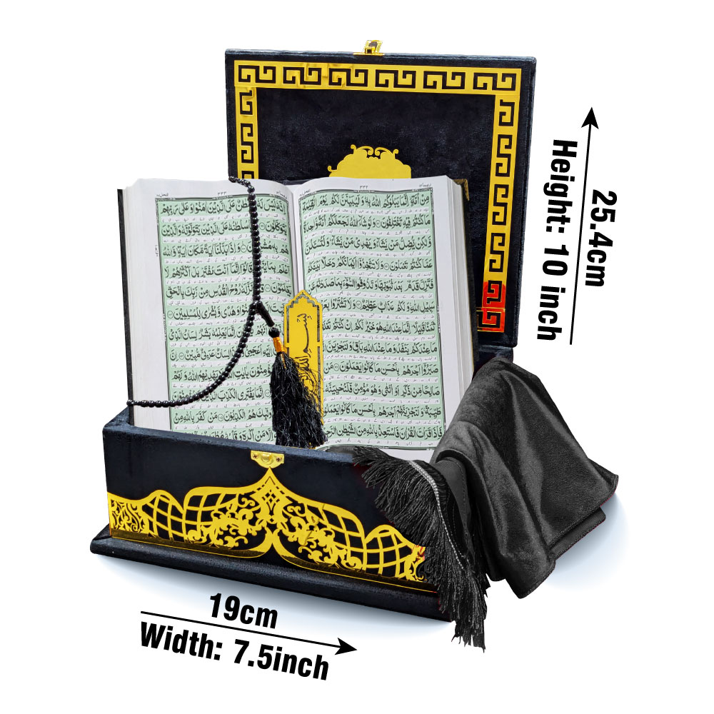11KVJ3-Black Black Velvet Quran with Special box and attar cap bookmark tasbih and counter