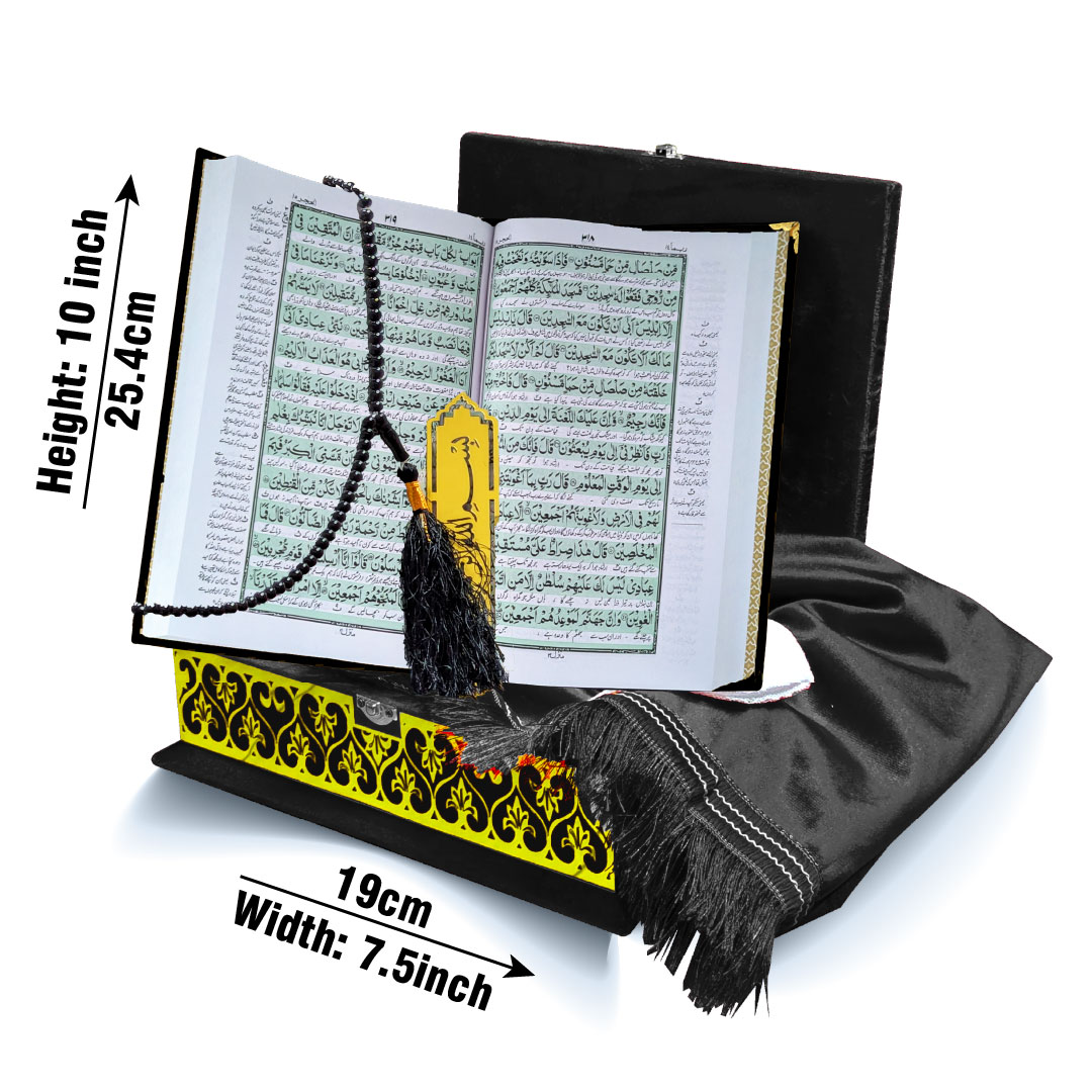 81KVJ4-Black Black Velvet Quran with Special box and attar cap bookmark tasbih and counter